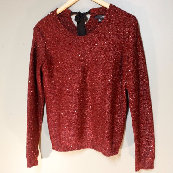 A.n.a Womens Maroon Scoop Neck Sequin Sweater, Tie Back, Size Small, Holiday - Picture 2 of 10